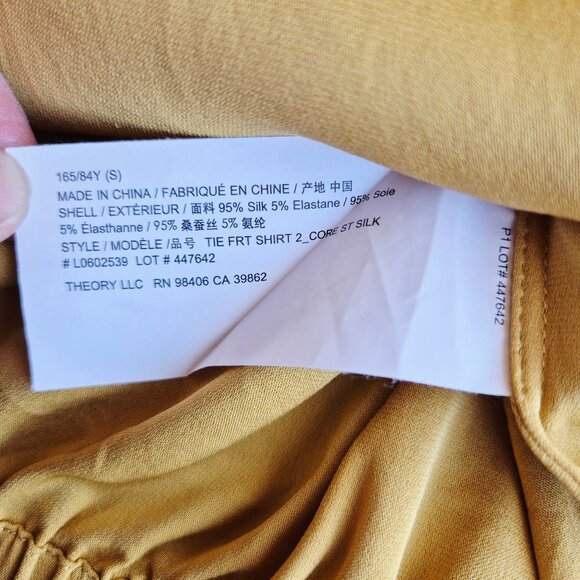 Theory Silk Blend Chiffon Tie-Front Button-Up Shirt Pocket Long Sleeve Yellow - Picture 9 of 13